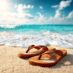 A pair of brown flip-flops rests on the sandy beach with the ocean in the background under a bright blue sky.