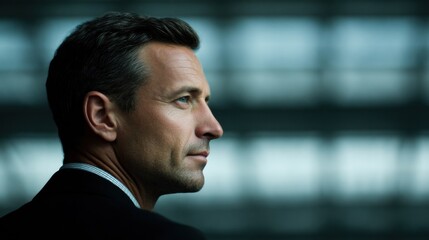 A pensive man in profile, dressed in a suit, gazes thoughtfully in a modern, softly lit environment.