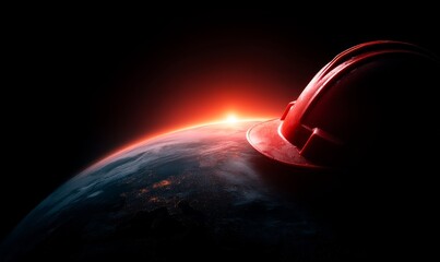 A construction helmet rests on a planet, symbolizing global infrastructure and development, with a sunrise.