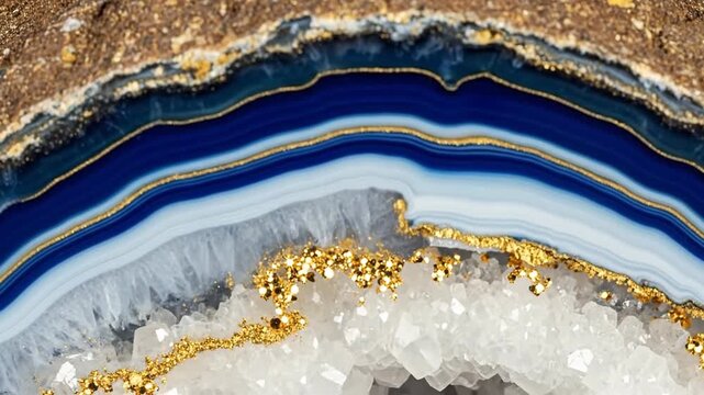 Abstract Macro Image of Sliced Geode Showing Blue White and Gold Layers With Sparkling Texture