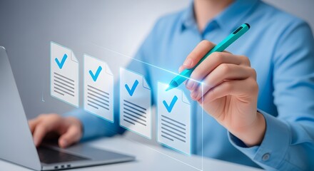 Illustration of businessman checking off tasks on a digital checklist with a stylus pen in front of a laptop screen, concept of approval and verification