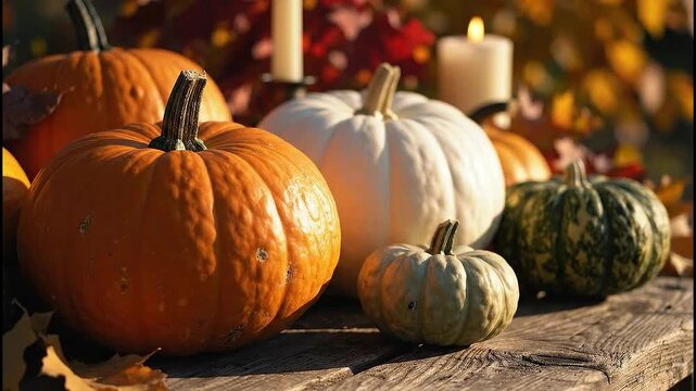 Autumn harvest display with pumpkins and candles on rustic wooden table motion footage
