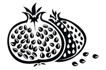 Two black pomegranates with seeds are depicted against a white background in vector