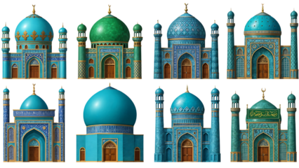 Collection of Ornate Islamic Mosque Buildings with Domes and Minarets