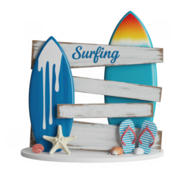 Surfing themed wooden sign with surfboards and flip flops isolated on a transparent background
