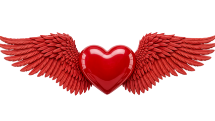 Glossy Red Heart with Feathered Wings