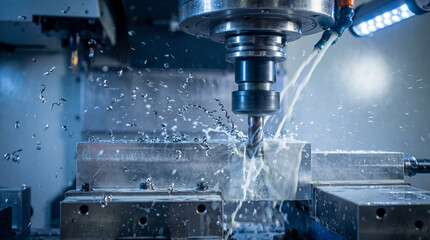 A powerful milling machine carves metal with precision. Coolant streams as the drill cuts, creating a spray of shavings. Modern manufacturing at its finest!