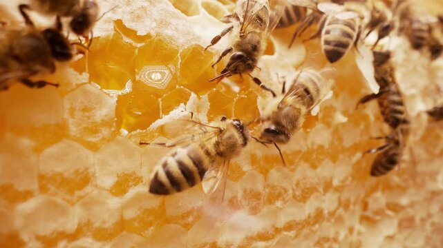 Bees Working Inside Hive Honeycomb Cells In Organic Apiary. Teamwork, Ecosystem