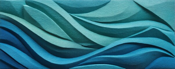 Abstract artwork featuring layered, undulating shapes in varying shades of blue and teal, creating a textured visual effect.