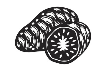 Two monochrome potatoes are depicted with distinct textures and markings in this clean vector