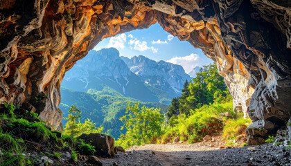 Looking out from a cave to a vibrant green valley and majestic snow-capped mountains exit