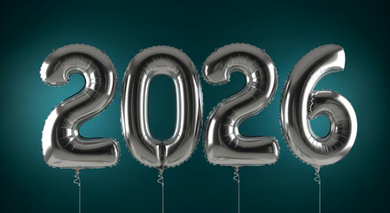 Four silver balloon numbers, 2026, against green backdrop, symbolize future, year, and event, perfect for new year, celebration, and festive themes