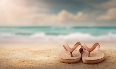 A pair of flip-flops resting on the sandy beach with the ocean in the background.