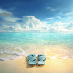 A pair of blue flip-flops resting on a sandy beach with the ocean in the background under a bright sky.