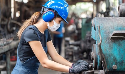 A woman wearing protective gear operates machinery in an industrial setting, focused on her task.