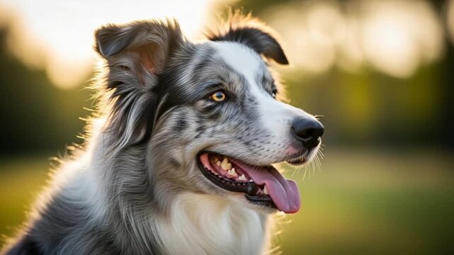 A blue merle border collie dog with its tongue out in a natural outdoor setting with trees and grass