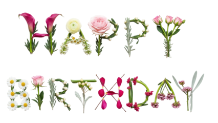 Floral Celebration: Happy Birthday! A cheerful floral arrangement spells out Happy Birthday, each letter crafted from a variety of fresh, colorful blooms, symbolizing joy and celebration.