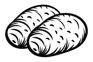 Two Potatoes Side By Side With Detailed Black Outline on White Background