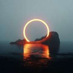 A surreal landscape featuring a glowing ring hovering above a rocky island in a tranquil body of water.