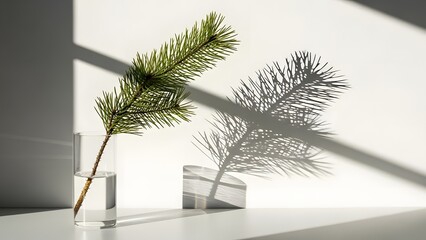 Fototapeta premium A single pine branch in a glass vase creating a striking shadow on a white wall.