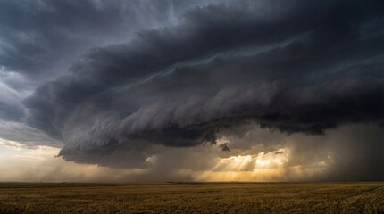 During the day, a powerful storm system with sweeping dark clouds and intense rainfall moves across a golden grassy field, with sun rays pushing through.