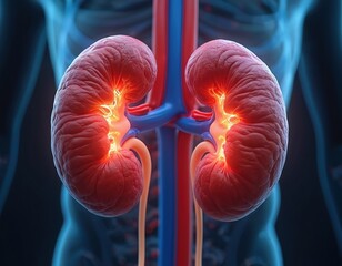 Human kidneys glowing with internal light show inflammation and internal damage. Blood vessels connect to the organs, part of circulatory system. Shows internal pain and illness.