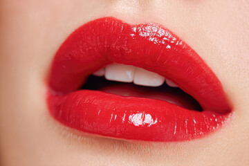 Close-up of luscious, glossy red lips, showcasing a vibrant shade and smooth texture, accentuating beauty and allure.