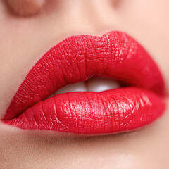 Obraz premium A close-up of beautifully painted red lips, showcasing a glossy finish and well-defined contours, emphasizing elegance and allure.