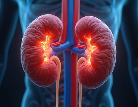 Human kidneys glowing with internal light show inflammation and internal damage. Blood vessels connect to the organs, part of circulatory system. Shows internal pain and illness.