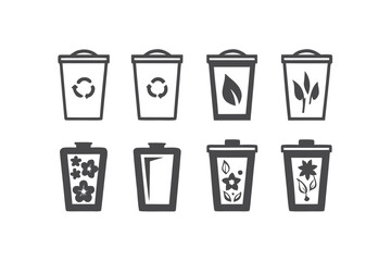 Various trash cans display recycle symbols and floral silhouettes icon