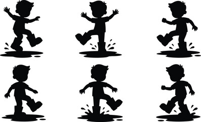 Obraz premium Silhouettes of child jumping in puddles, joyful outdoor play, water splashes, rainy day fun, movement and childhood expression