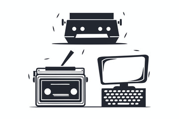 Vintage media technology shows printer, audio recorder, and computer against white background