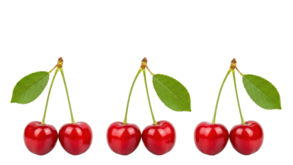 Cherry Duo Delight: a perfect trio of cherries with vibrant red skins and fresh green leaves, symbolizing freshness and the simple pleasure of natural food.