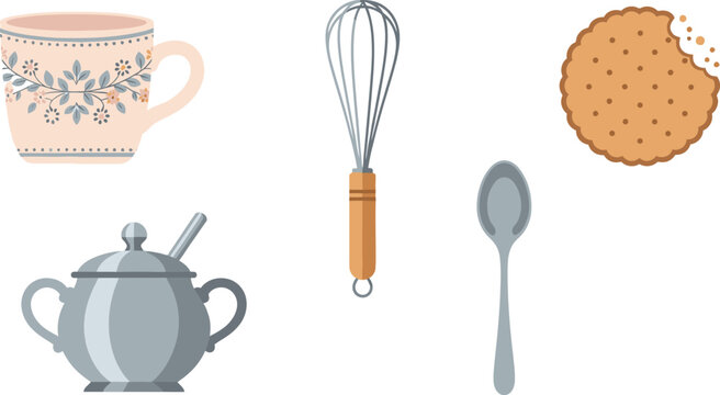 Tea and coffee time accessories set with mini whisk ceramic mug sugar bowl teaspoon and biscuit
