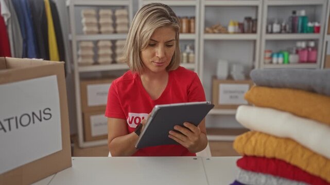 Blonde volunteer woman holds tablet and taps screen in donation center building; generosity solidarity support.