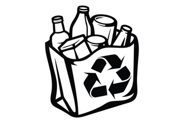 Various recyclable items filling a bag with a recycle logo
