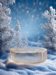 Round ice podium with golden glitter on snow and blurred fir trees background.