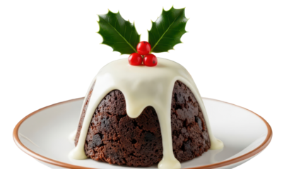 Festive Christmas Pudding: A delectable Christmas pudding adorned with a glossy white sauce and festive holly, placed on a clean plate. Capturing the spirit of holiday cheer and delicious treats.