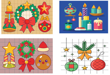 Cute cartoon vector set of Christmas and New year icons featuring a Santa hat, snowman, gift, and holiday decorations in a celebration design pattern.
