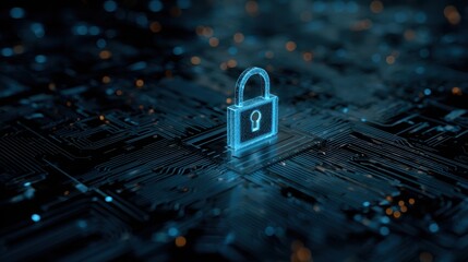 Cyber security concept with digital glowing padlock icon on a complex blue circuit board background