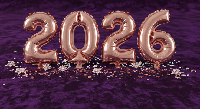 Rose gold foil balloon numbers spelling 2026 on dark purple velvet with confetti and small star decoration, representing year celebration