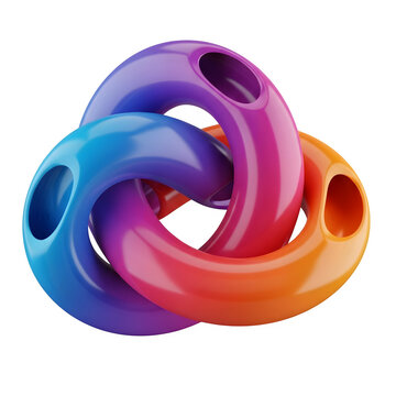 3d colorful interlocking rings forming a borromean rings structure, glossy plastic material, isolated on transparent background