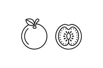 Whole Orange Fruit with Leaf and Kiwi Slice, Black Outline on White Background