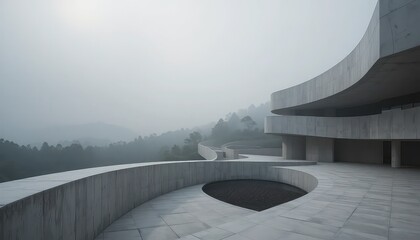 Modern concrete building with curved design in foggy mountain landscape