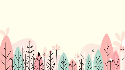 Vector template card featuring a vibrant spring season scene with a flat design aesthetic, incorporating pastel colors such as soft pink, baby blue, and mint 
