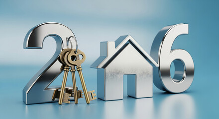 Composition of silver number, house figure and keys on the blue, representing real estate deal, investment and property purchase concept