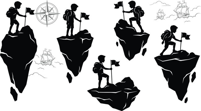 Young explorer silhouette reaching goals on floating islands, adventure and discovery journey concept, childhood ambition and exploration, monochrome vector illustration set - Powered by Adobe