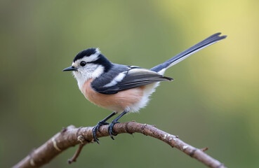 Obraz premium Small bird with long tail rests on tree branch. Tiny tit has grey black white pink feathers. Wildlife nature scene on blurred green background.
