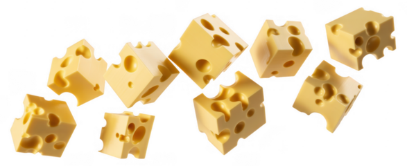Multiple chunks of Swiss cheese floating food isolated on a transparent background