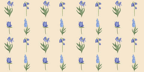 Vector seamless rectangular pattern with light violet spring flowers on a beige background. Ideal for fabric, wallpaper, packaging, stationery, wrapping, and elegant surface design.